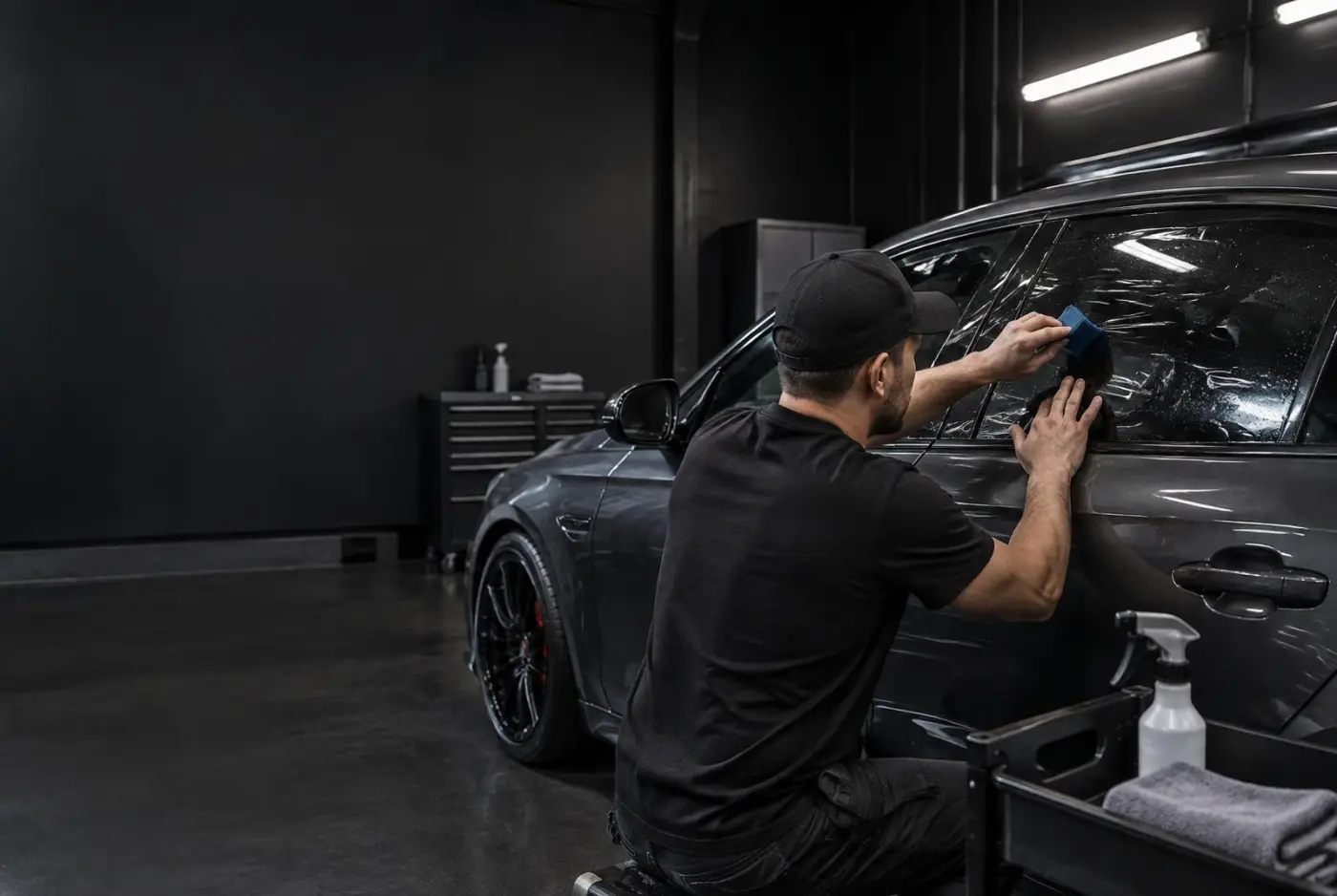 Blckoutint installer applying window film